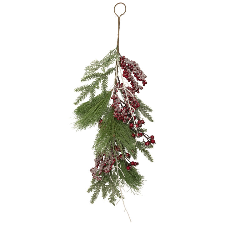 28" Frosted Red Berries and Pine Cones Artificial Christmas Teardrop Swag