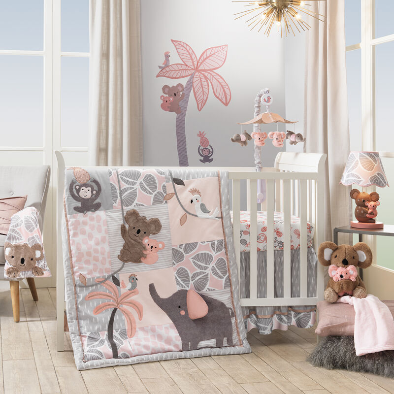 Lambs & Ivy Calypso Cotton Fitted Crib Sheet - Pink, Gray, White, Animals