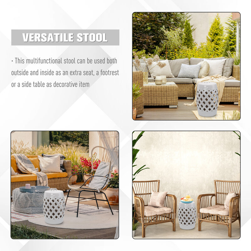 Outsunny 13" x 18" Ceramic Garden Stool with Woven Lattice Design & Glazed Strong Materials Decorative End Table, White