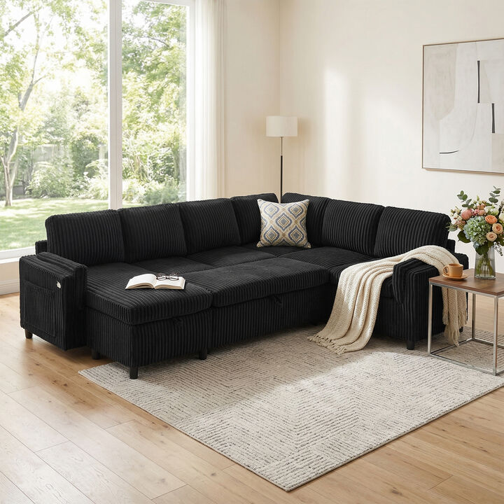 Merax U-Shaped Sectional Sleeper Sofa with Storage, USB & Reversible Chaise &ndash; Corduroy Fabric