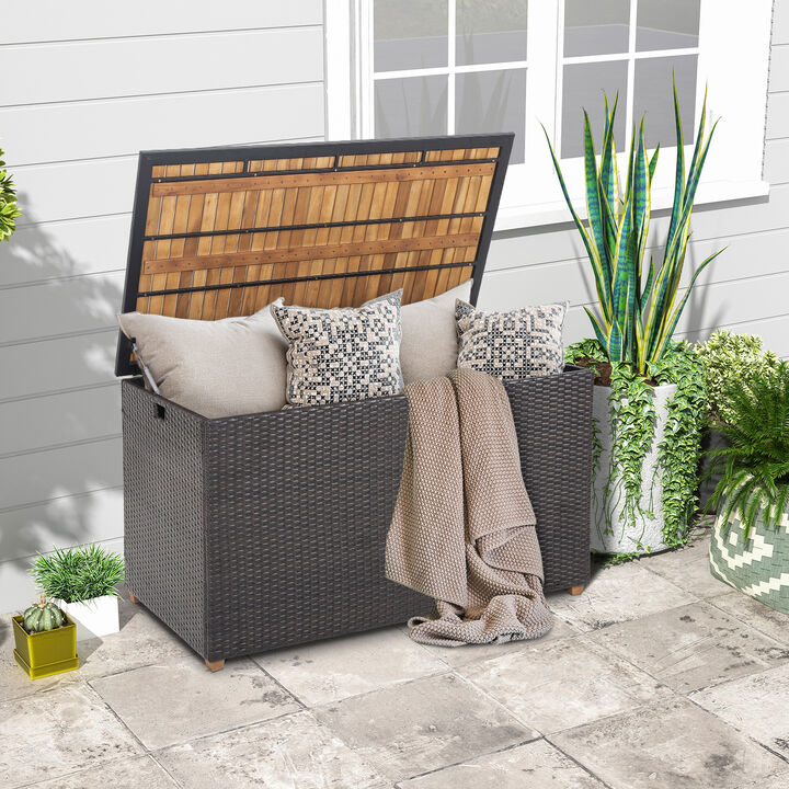 134 Gallon Rattan Storage Box with Zippered Liner and Solid Acacia Wood Top