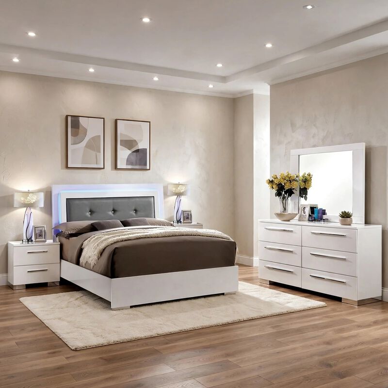 Gely 5pc Queen Bedroom Set, 2 Nightstands, Button Tufted, LED, Glossy White image number 6