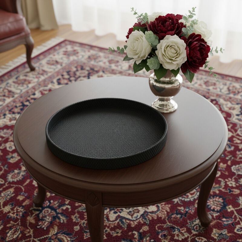 HomeRoots 15" Black Faux Wicker Round Serving Tray image number 1