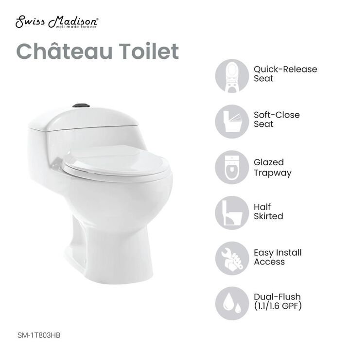 Swiss Madison Chateau One Piece Elongated Toilet Dual Flush, Black Hardware 1.1/1.6 gpf.