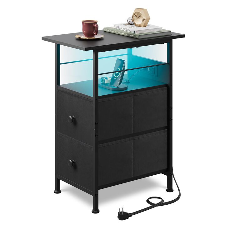 WLIVE Narrow Side Table with Charging Station, End Table with LED Light, 2 Fabric Drawers and Open Shelf, Black Bedside Tables L