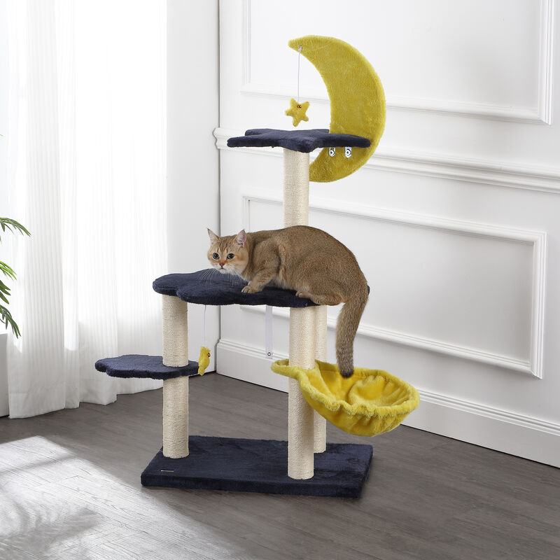 Aurora 49" 3-Tier Modern Sisal Moon And Stars Cat Tree with Scratching Posts, Basket, and Fuzzy Bell Toys, Navy/Yellow/White