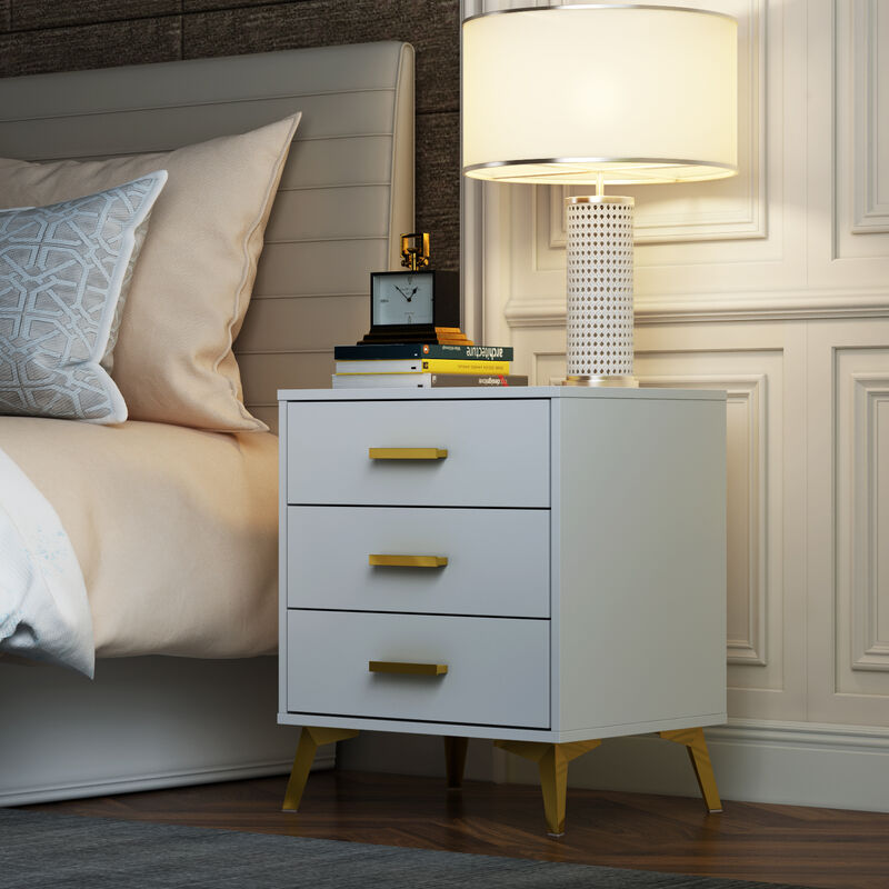 Modern Nightstand with 3 Storage Drawers & Gold Metal Legs, Minimalist and Versatile Bedside Table Sofa End Side Table, White (19.7" W x 15.7" D x 23.6" H)