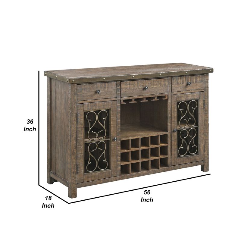 Ral 56 Inch Wood Sideboard Wine Bar Cabinet, Metal Scroll, Rustic Brown