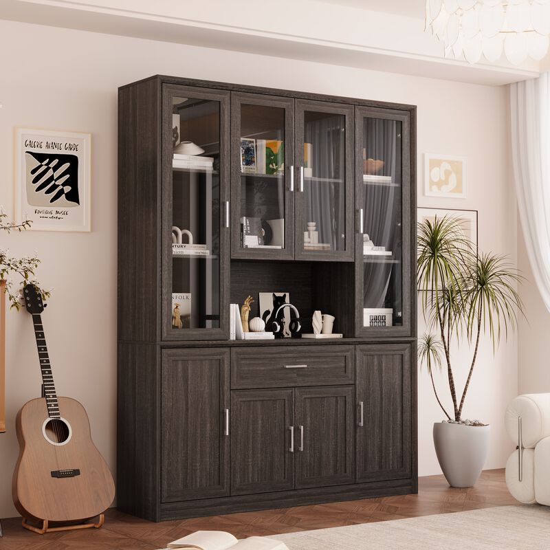 FUFU&GAGA Retro 8-Door Cabinet with a Drawer, Beveled Frame & Angled Panel Design, Glass & Wood Grain Finish, Brushed Metal Handles (60.6 in. W x 15.7 in. D x 79.9 in. H), Dark Brown