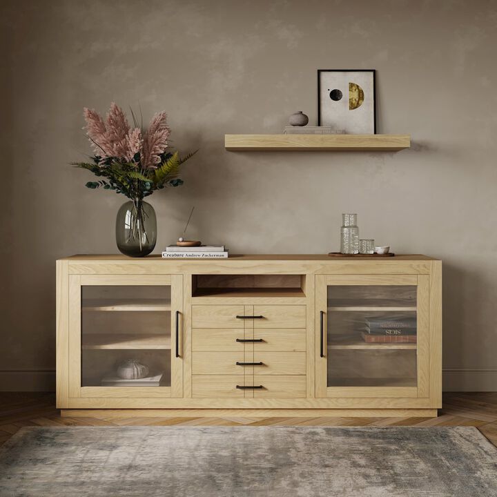 Jofran 70 Contemporary Media Console with Tempered Glass Doors, Drawers and Shelves