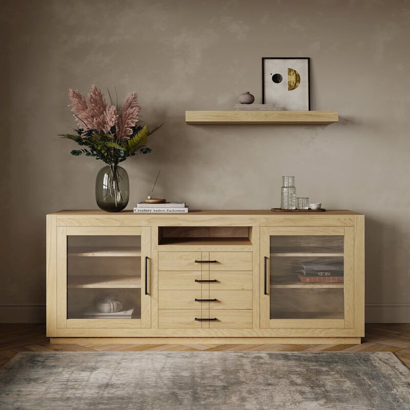 Jofran 70 Contemporary Media Console with Tempered Glass Doors, Drawers and Shelves