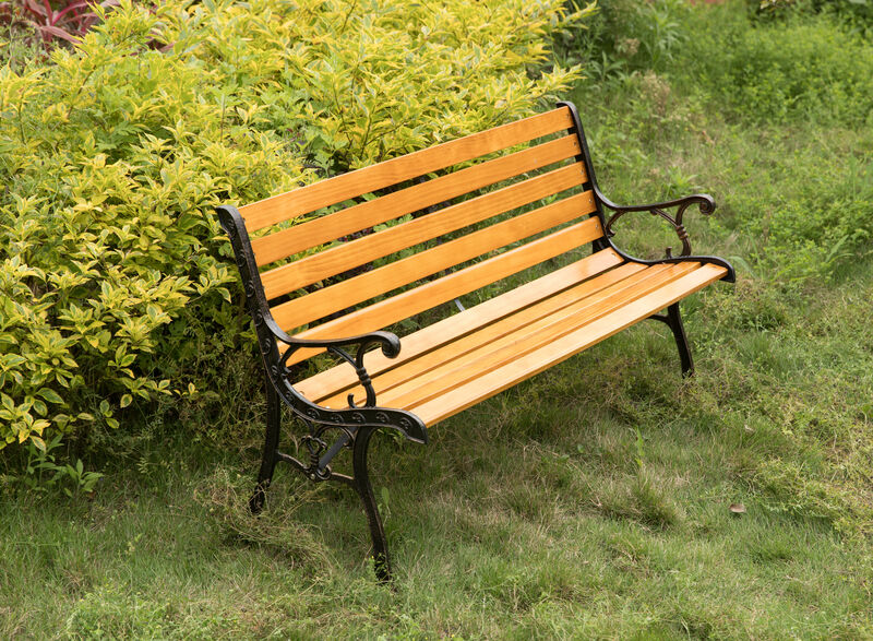 Wooden Outdoor Park Patio Garden Yard Bench with Designed Steel Armrest and Legs
