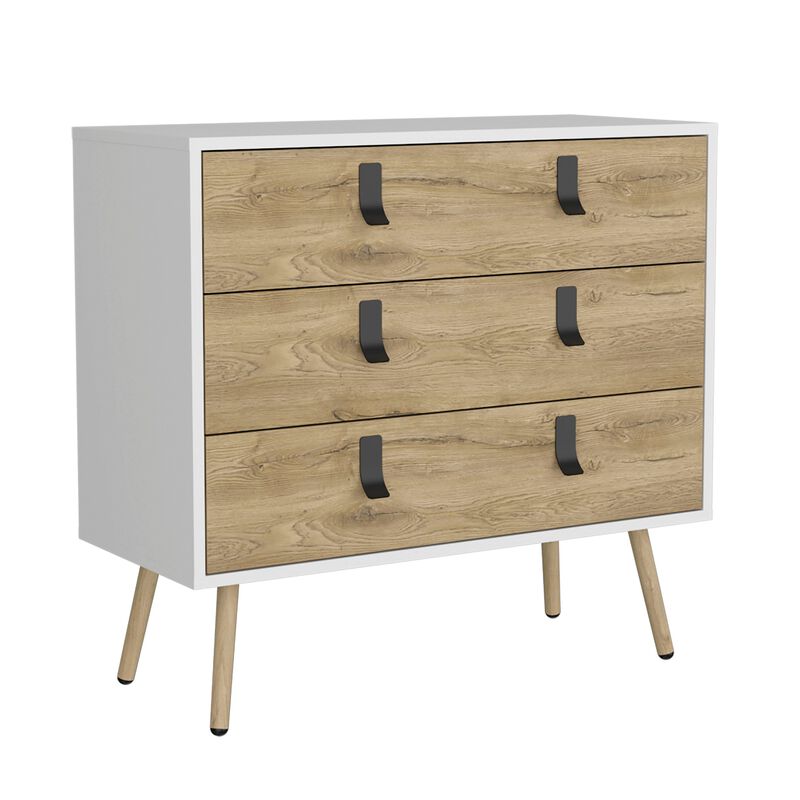 DEPOT E-SHOP Toka 3 Drawers Dresser with Handles and Wooden Legs, White / Macadamia