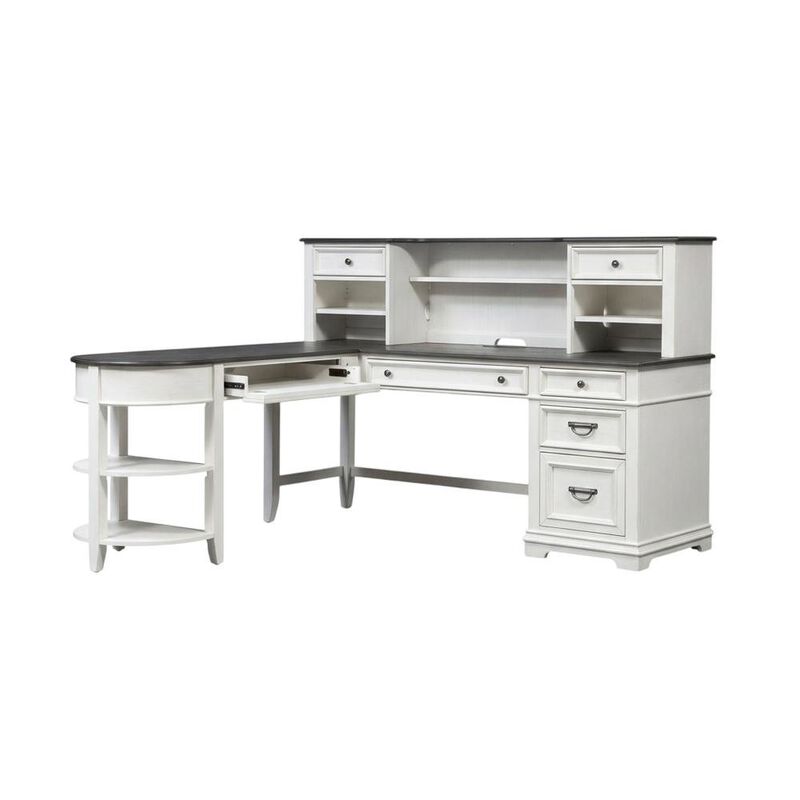 L Shaped Desk Set In White With Charcoal Top For Modern Office Spaces image number 0