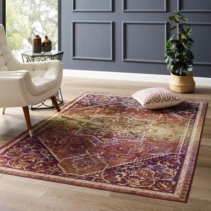Modway Success Kaede Transitional Distressed Floral Vintage Medallion 4x6 Area Rug in Multicolored