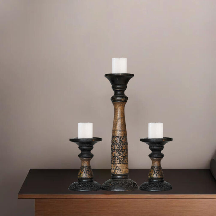 Traditional Black Wash Eco-friendly Handmade Mango Wood Set Of Three 6",15" & 6" Pillar Candle Holder
