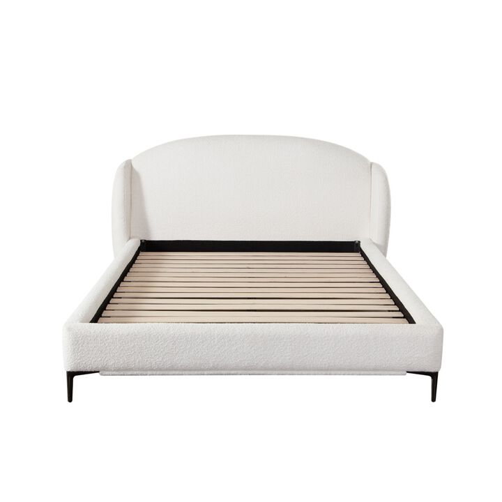 Peli King Size Bed, Low Profile Curved Back Ivory Faux Shearling Upholstery