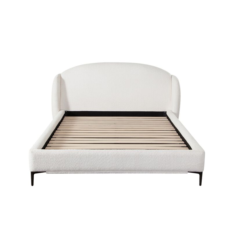 Peli King Size Bed, Low Profile Curved Back Ivory Faux Shearling Upholstery