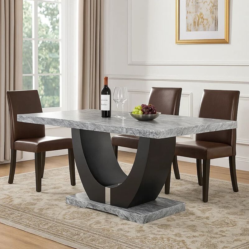 Lira Dining Table, 78 Inch Faux Marble Top, Black U Shaped Pedestal image number 6