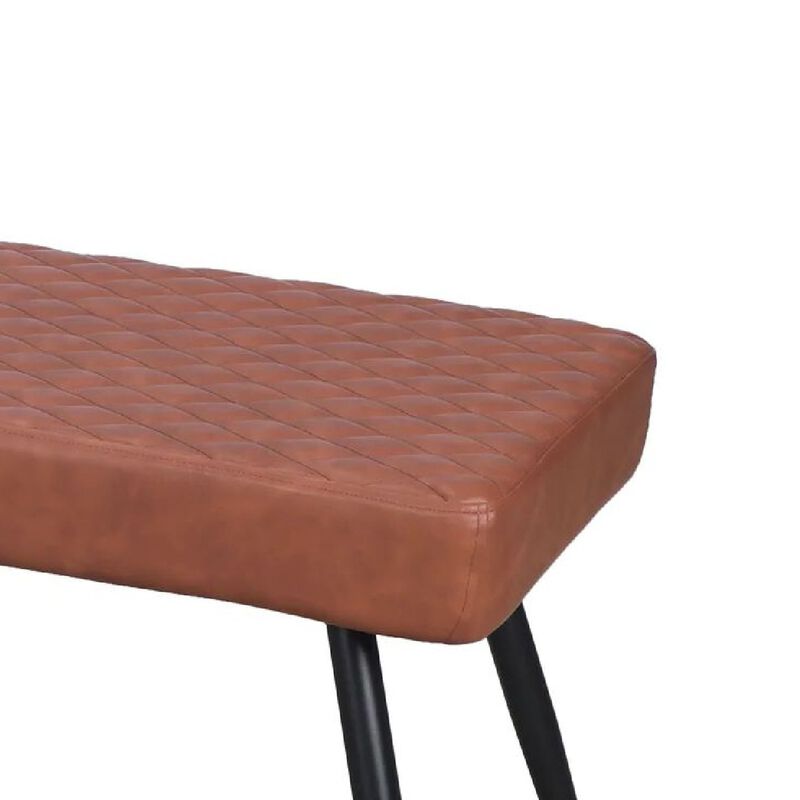 Lopi Dining Bench, 54 Inch Cognac Brown Faux Leather Seat, Metal Legs