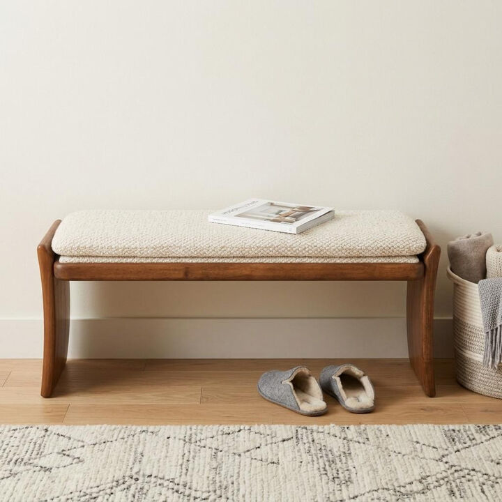 HomeRoots 48" Beige and Brown Fabric and Solid Wood Upholstered Dining Bench
