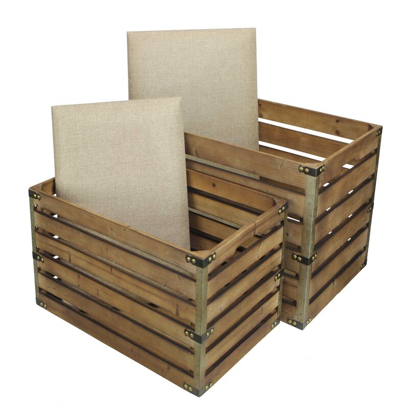 Set of 2 Upholstered Storage Benches with Flip Top and Wood Slat Base for Entryway