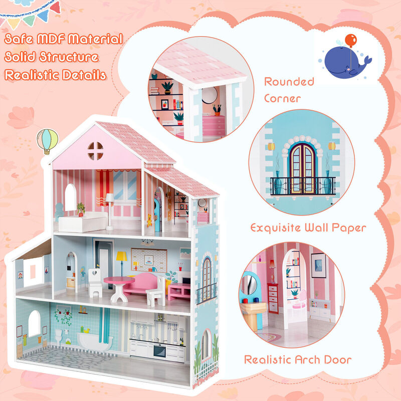3-Tier Toddler Doll House with Furniture Gift for Age over 3 image number 3