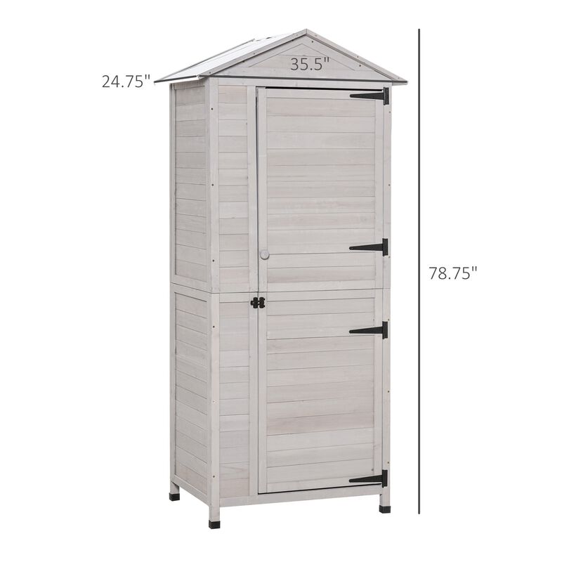 Wooden Garden Cabinet Backyard 4-Tier Storage Shed 3 Shelves Lockable Organizer with Handle Tin Roof Magnetic Latch Foot Pad Light Grey