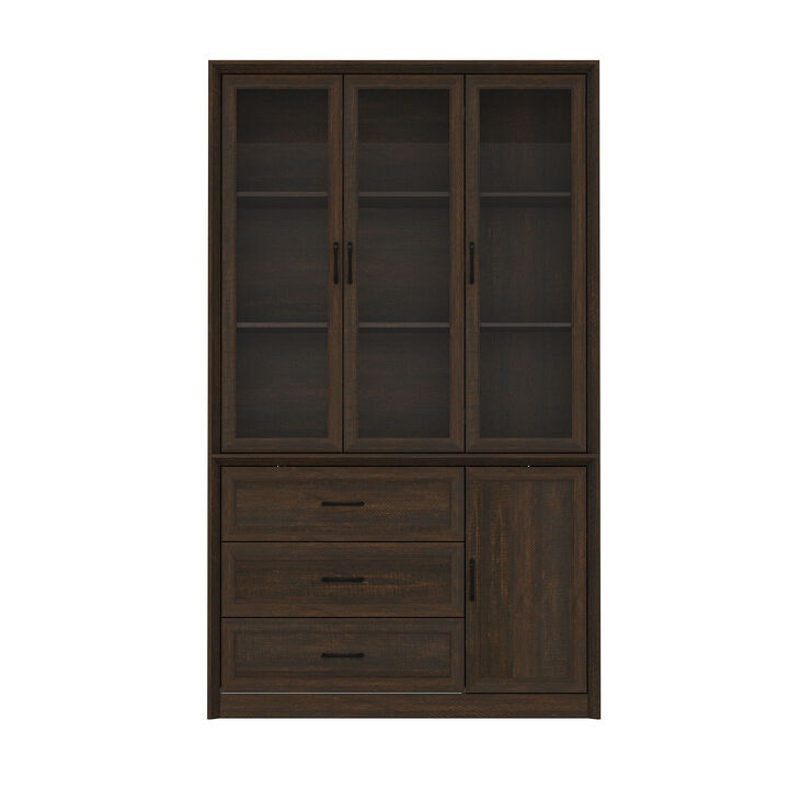 Elegant and functional, this kitchen display cabinet features three transparent glass doors and three smooth-gliding drawers for ample storage. Crafted from PB, it offers superior dimensional stability and warp resistance compared to solid wood. The durable, easy-clean surface simplifies maintenance. Clean lines and a versatile dark brown finish, accented by black handles, create a sophisticated modern aesthetic suitable for any kitchen decor.