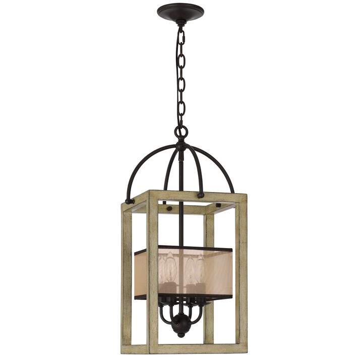 Acia 12 Inch Chandelier, Distressed Brown Organza Shade, Wood, Metal - Benzara
