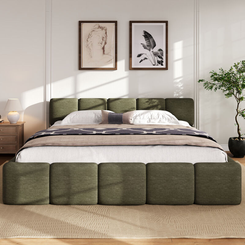 Upholstered Platform Bed with Boucle Fabric image number 1