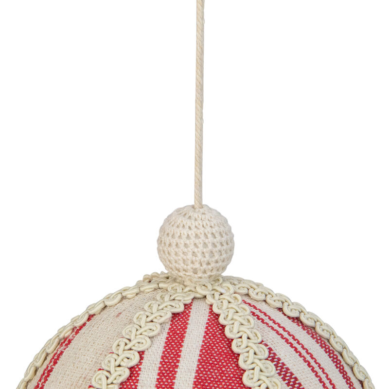 6" White and Red Striped Ball Christmas Ornament with Rope Accent image number 3
