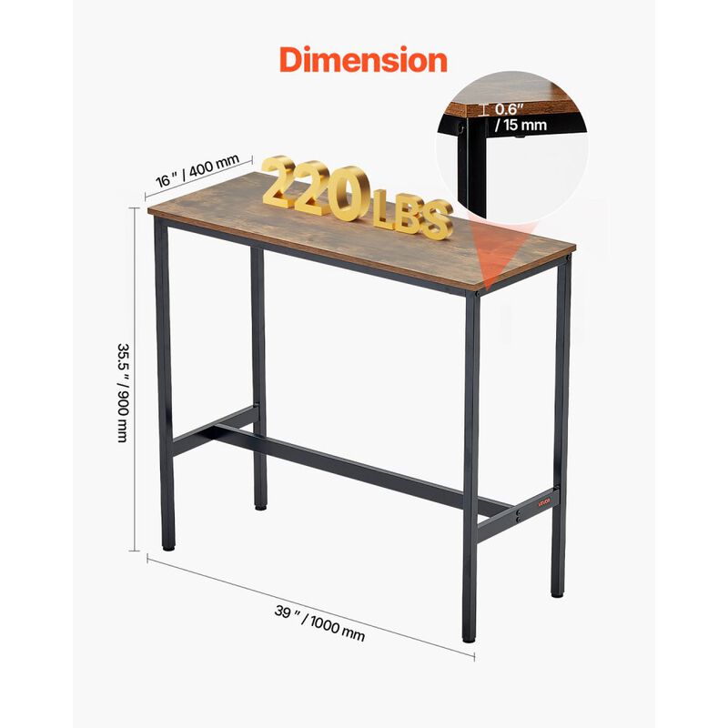 Narrow Bar Height Table with Sturdy Metal Frame, Long Pub Table for Dining or Party-Rustic Brown image number 2