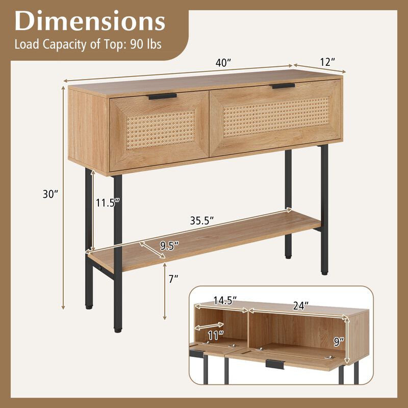 Rattan Entryway Console Table with Storage Cabinets Shelf and Metal Frame image number 2