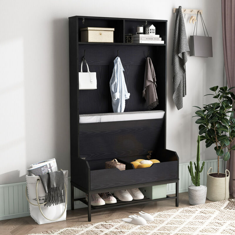 Modern Tall Hall Tree 4-in-1 with Cushioned Seat and Shoe Storage