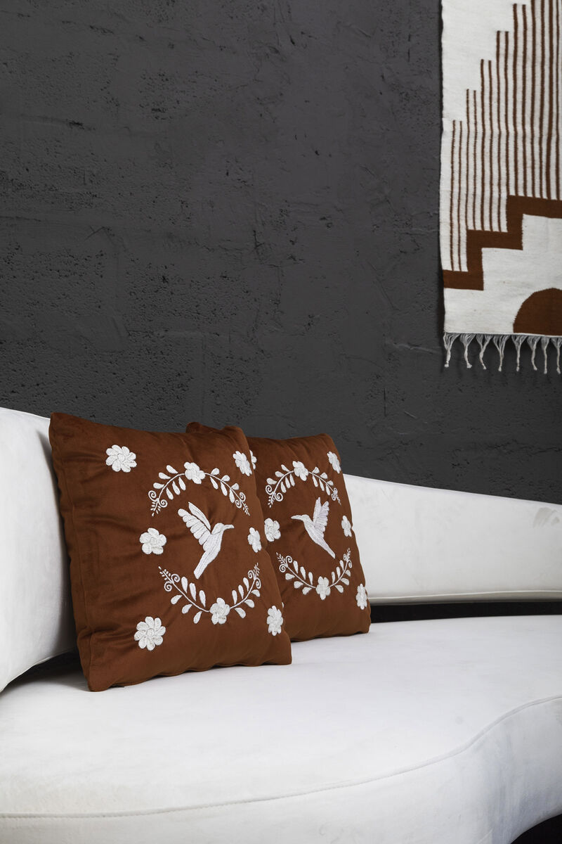 COLIBR&Iacute; Hand Embroidered Decorative Pillows in Terracota Velvet by ANDEAN, Set of 2, In Stock