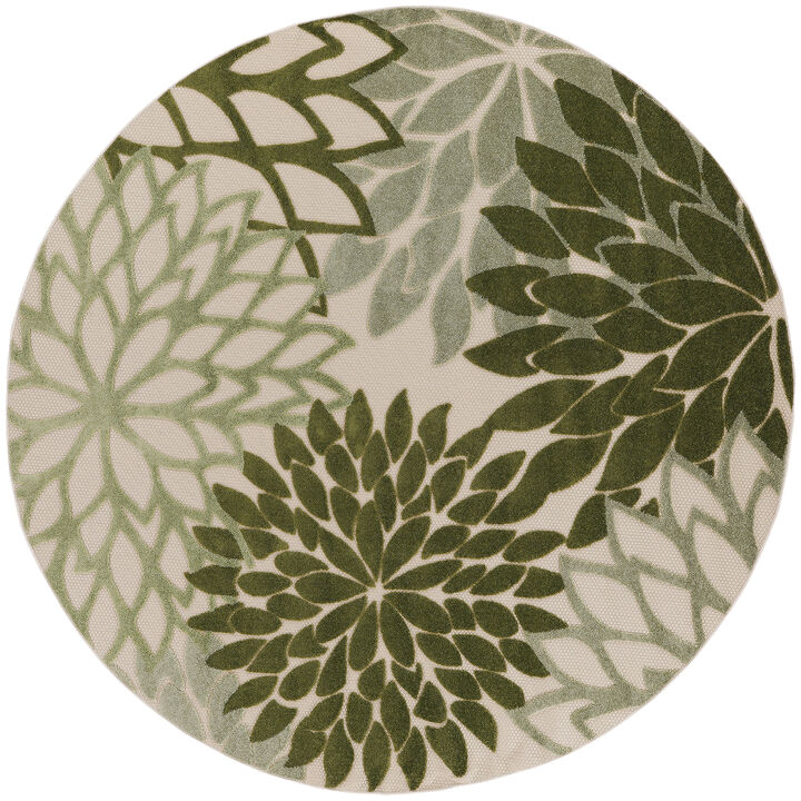 HomeRoots 5' Ivory Green And Dark Green Round Floral Indoor Outdoor Area Rug