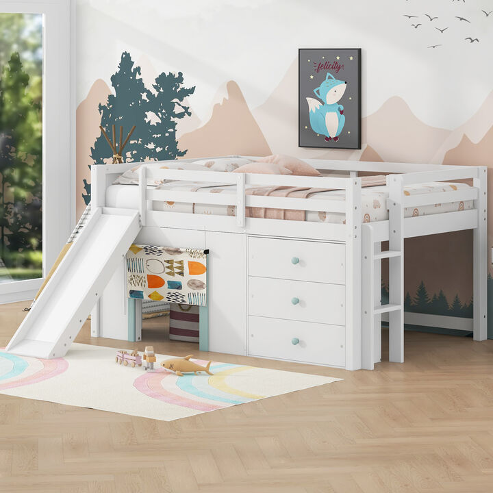 Whisen Full Size Low Loft Bed with Slide, 3 Drawers, Solid Wood, for Kids Bedroom