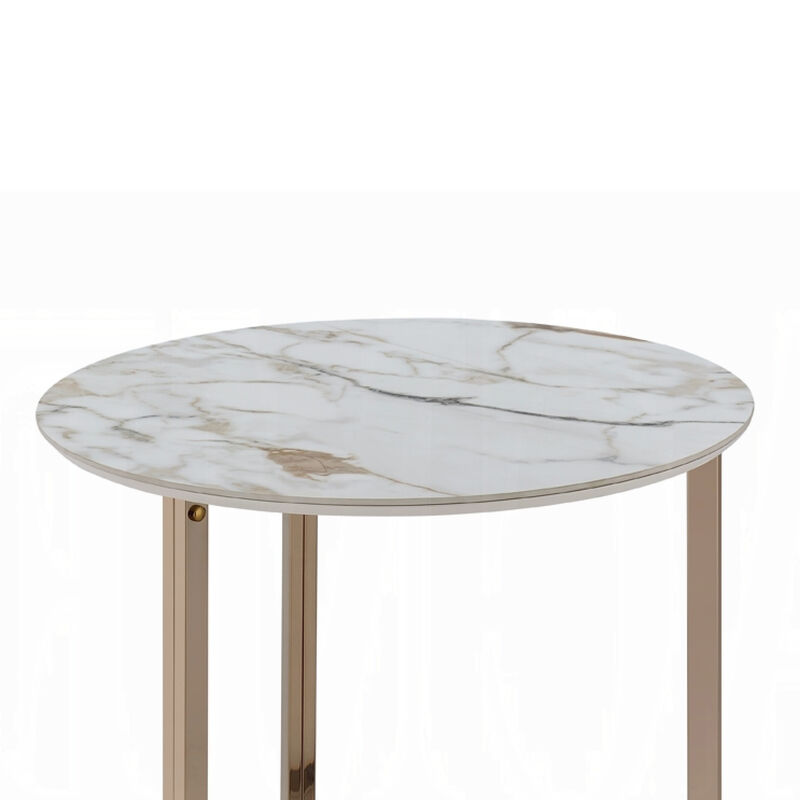 Acor Side End Table, 24 Inch, Round Sintered Stone Top, White and Gold image number 3