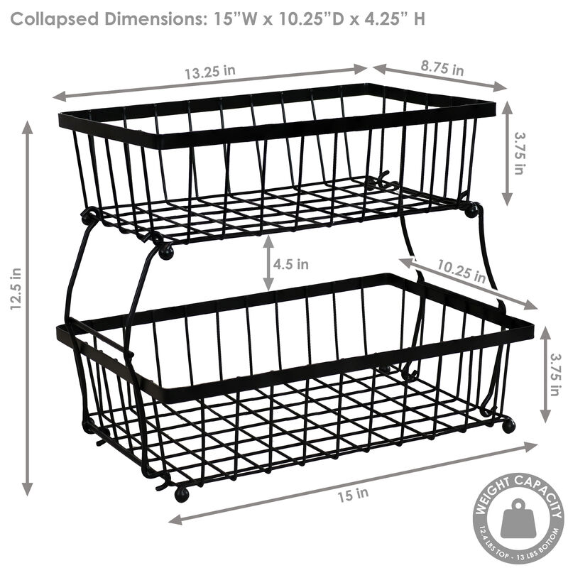 Sunnydaze 2-Tier Metal Wire Collapsible Tabletop Storage Basket - Black