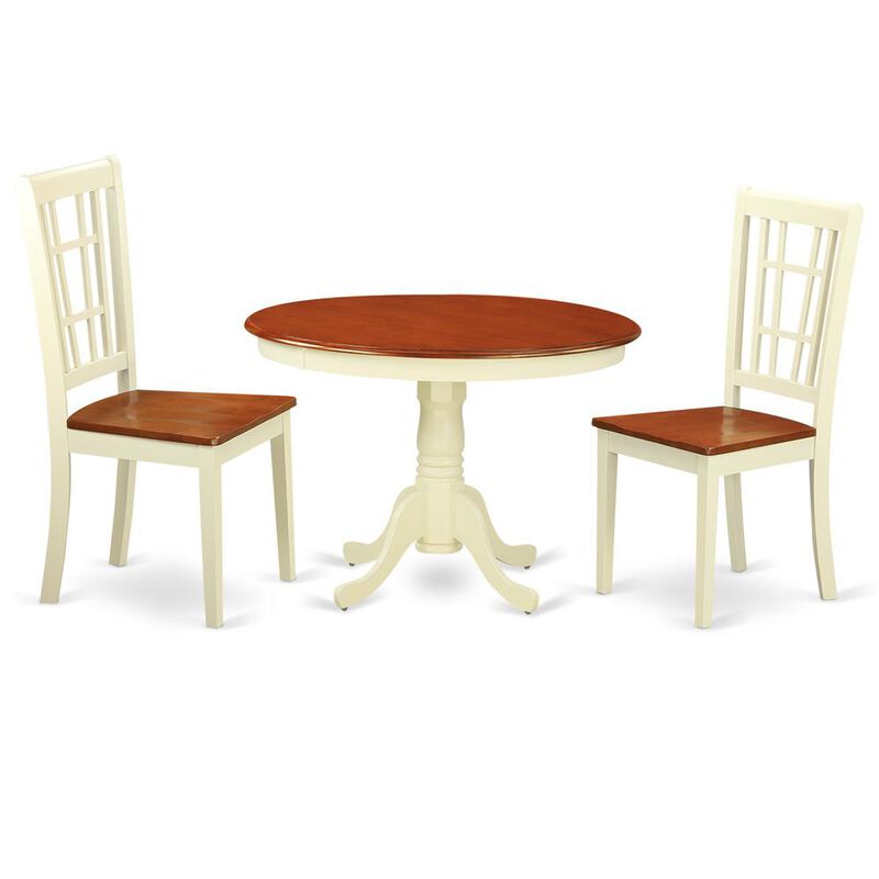 3 Pc set with a Round Small Table and 2 Wood Dinette Chairs in Buttermilk and Cherry .
