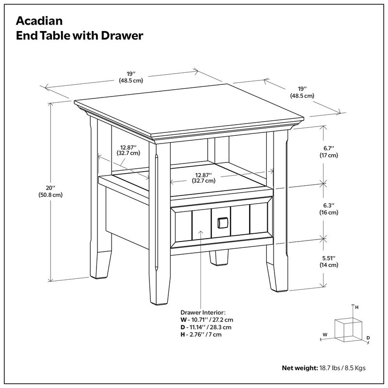 Acadian 19 inch Wide Solid Wood Transitional End Table with Drawer in Black
