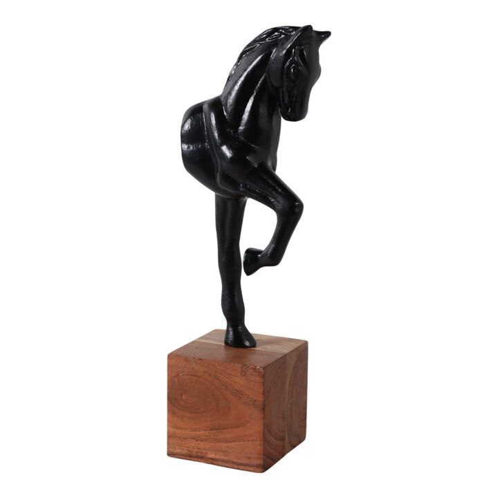 12x4" Galloping Horse On Wood Stand, Black/ Brown