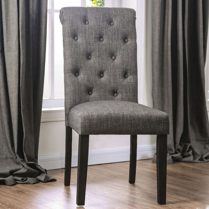 Classic Antique Black / Gray Set of 2 Side Chairs Button Tufted Linen Like Fabric Solid wood Chair Upholstered Scroll Back Kitchen Rustic Dining Room Furniture