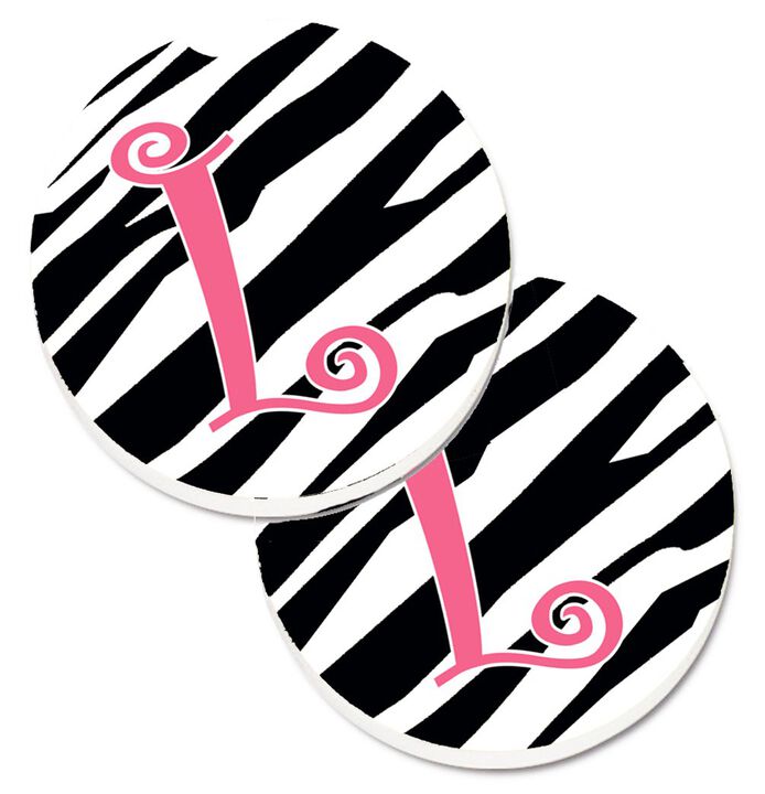 Caroline's Treasures Monogram Initial L Zebra Stripe & Pink Set of 2 Cup Holder Car Coasters CJ1037-LCARC, 2.56, Multicolor
