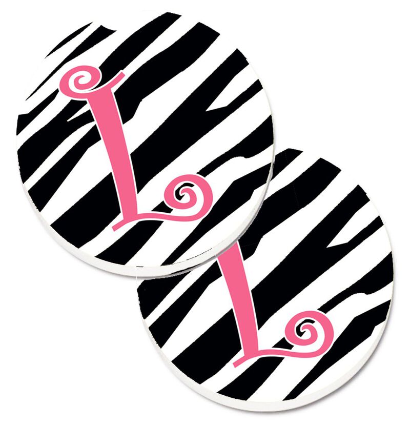 Caroline's Treasures Monogram Initial L Zebra Stripe & Pink Set of 2 Cup Holder Car Coasters CJ1037-LCARC, 2.56, Multicolor