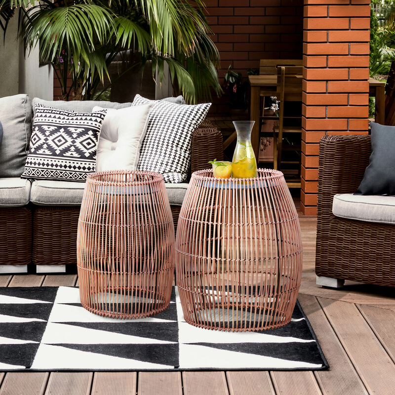 Teamson Home 20.24" Outdoor Open Weave Bohemian Bamboo Drum Side Table with Iron Top, Brown image number 1