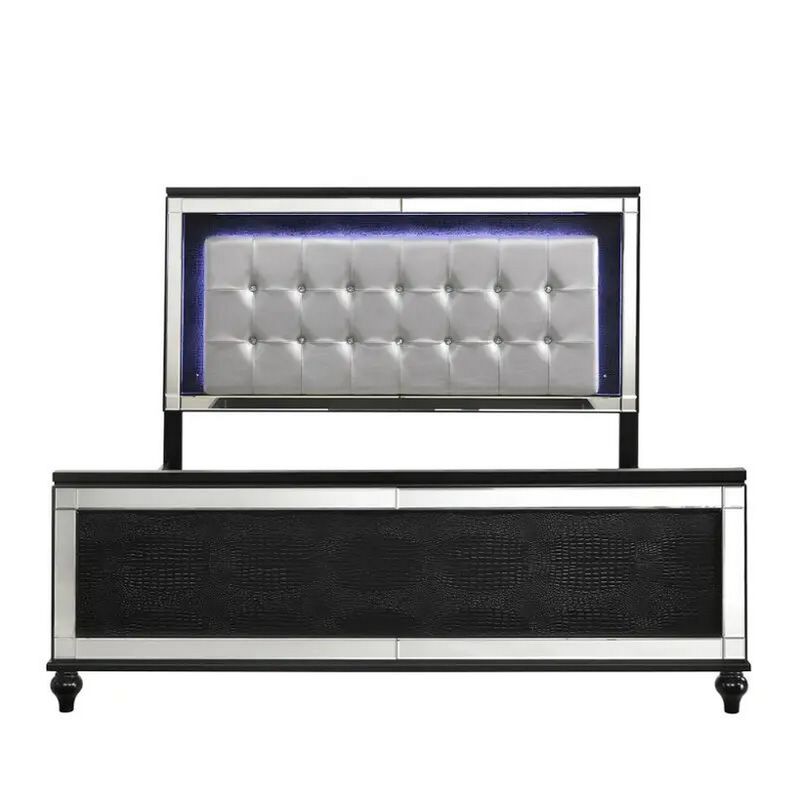 Lee Queen Size Bed, LED, Tufted Faux Leather Upholstery, Textured Black - Benzara
