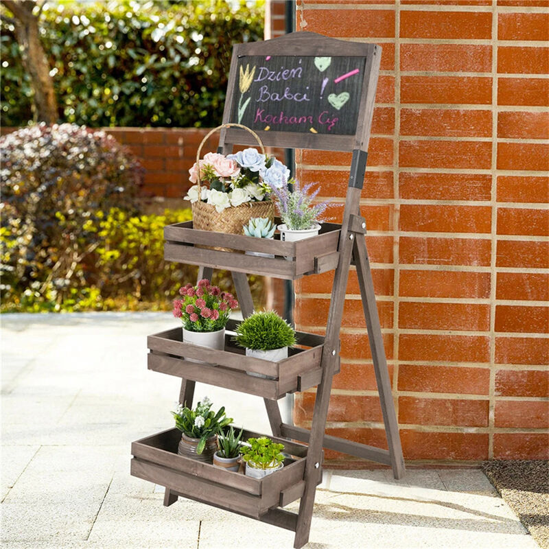 3-Tier Wood A-Frame Sidewalk Menu Chalkboard Sign with Display Shelf Plant Stand image number 3