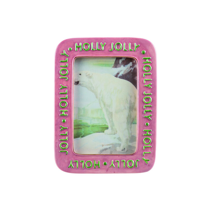 Holly Jolly Hand-Painted Stoneware Photo Frame, Pink & Green